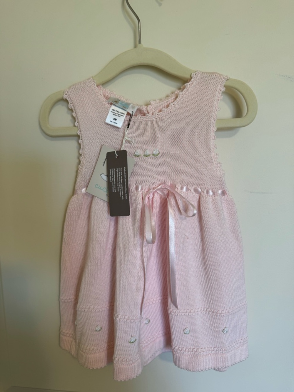 NWT Cuclie Baby 100% Pima cotton Pink Knit Dress with Ribbon Trim